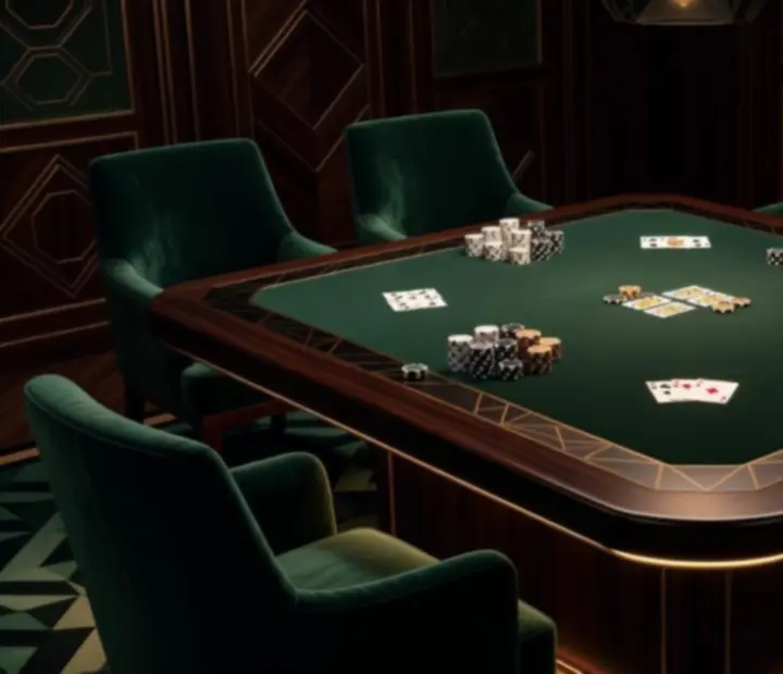 Detail atmosférické výzdoby pro pokerový tematický večer s tmavým dřevem a kartami
