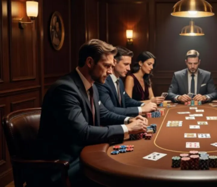 Atmosférický offline tematický večer s pokerovým stolem, hosty a elegantní výzdobou
