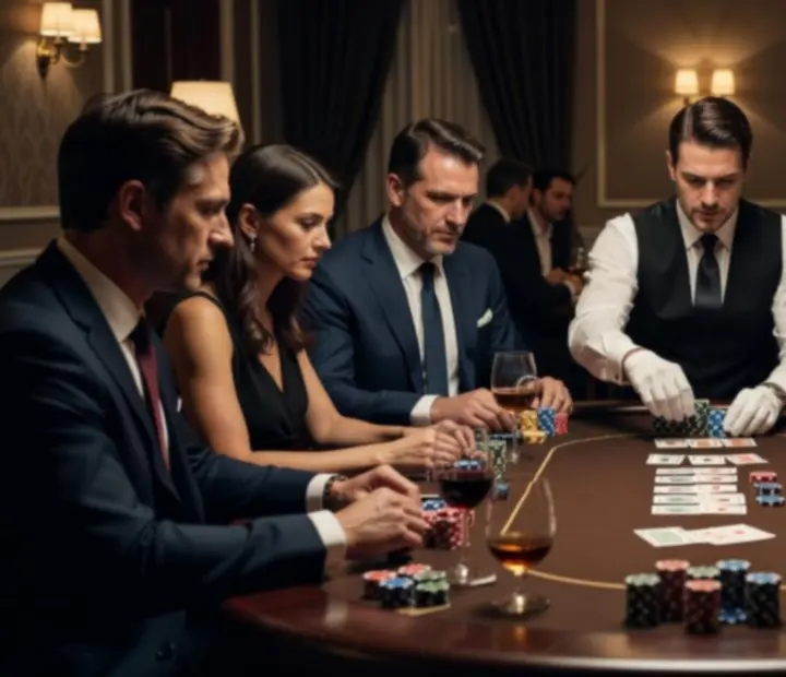Turnajový pokerový večer s hosty u stolu a profesionálním krupiérem