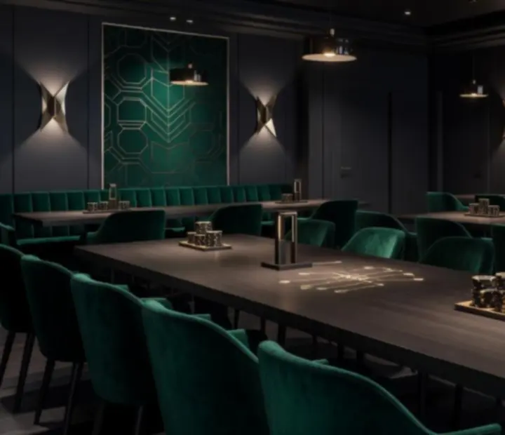 Elegantní eventový prostor s tmavým dřevem a ambientním osvětlením pro teambuilding