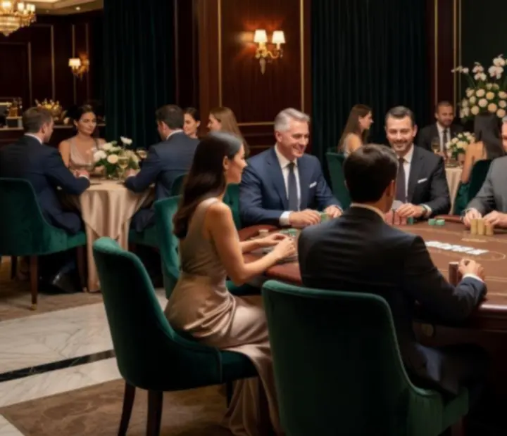 Atmosférický firemní pokerový večer s elegantně nasvětleným pokerovým stolem a hosty