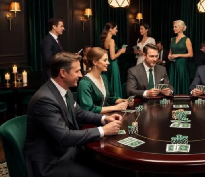 Elegantně nasvětlený pokerový stůl s hosty během tematického offline večera