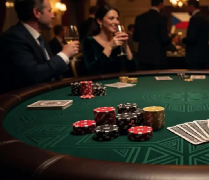 Detail luxusního pokerového stolu, kvalitní žetony a prémiové karty v elegantním prostředí