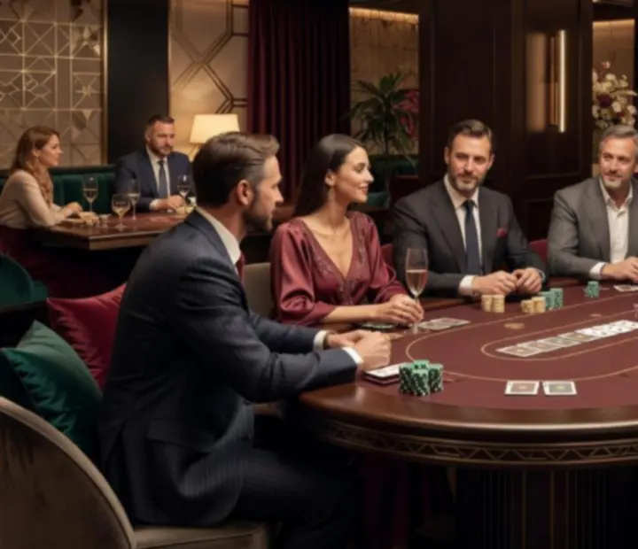Elegantně zorganizovaný pokerový večer s hosty u pokerového stolu a atmosférickou výzdobou