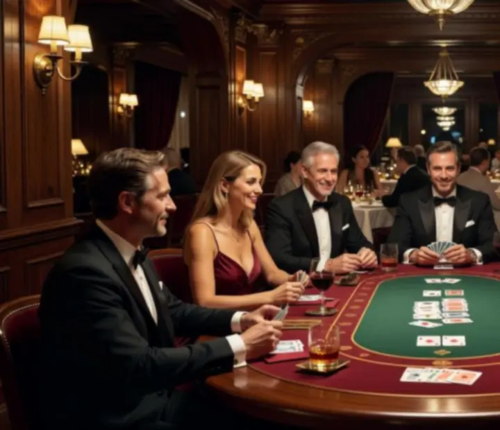 Atmosférický pokerový večer s osvětleným pokerovým stolem a elegantní dekorací