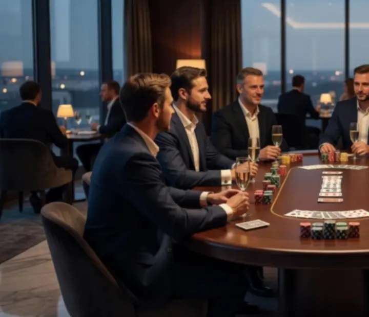 Atmosférický offline pokerový večer s elegantním pokerovým stolem, hosty v business casual a luxusní dekorací