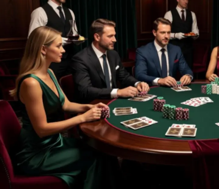 Elegantní karetní salonek s pokerovým stolem, žetony a hosty během tematického večera