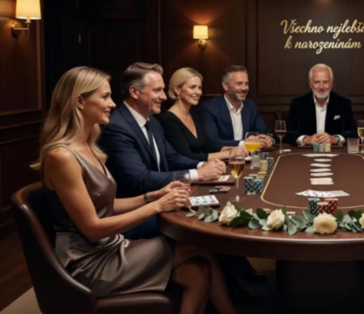 Narozeninová oslava s pokerovým stolem, žetony a kartami v elegantním prostředí