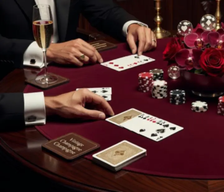 Detail pokerového stolu s kartami a žetony během elegantního tematického večera