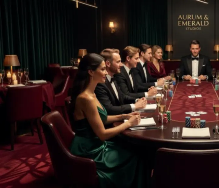 Elegantně nasvícený pokerový stůl se skleničkami a hosty během soukromé oslavy