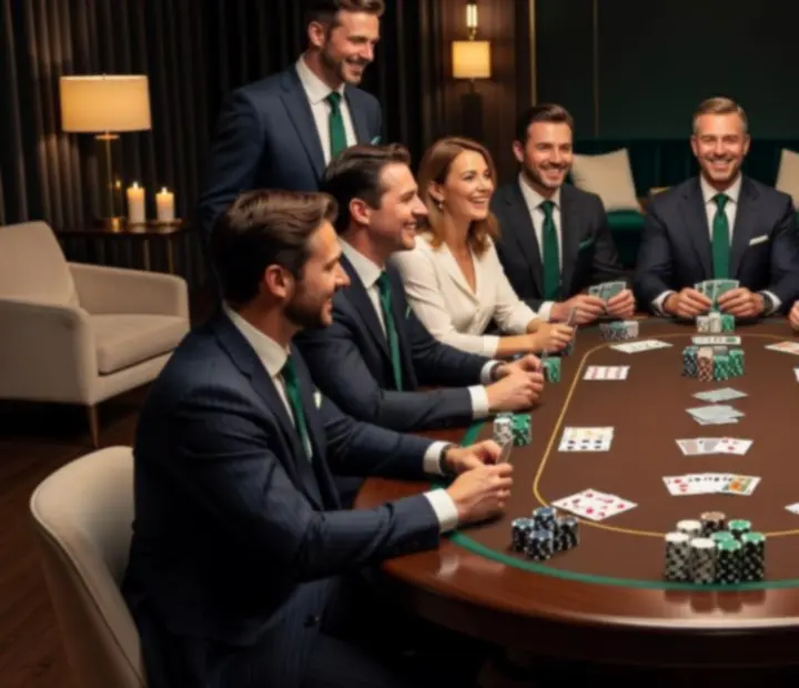 Teambuildingový offline pokerový večer u elegantního pokerového stolu s týmem a žetony