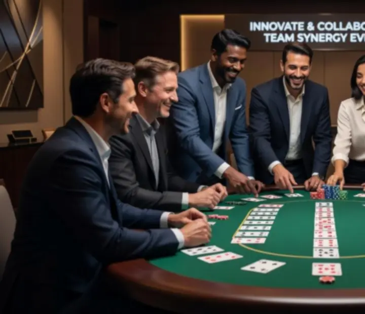 Tým během teambuildingu sedící u pokerového stolu s kartami a žetony